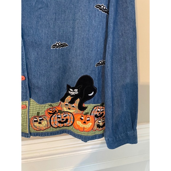 Tantrums Vintage Halloween Denim Button Up Shirt Size XL Applique Embroidered - Picture 6 of 9